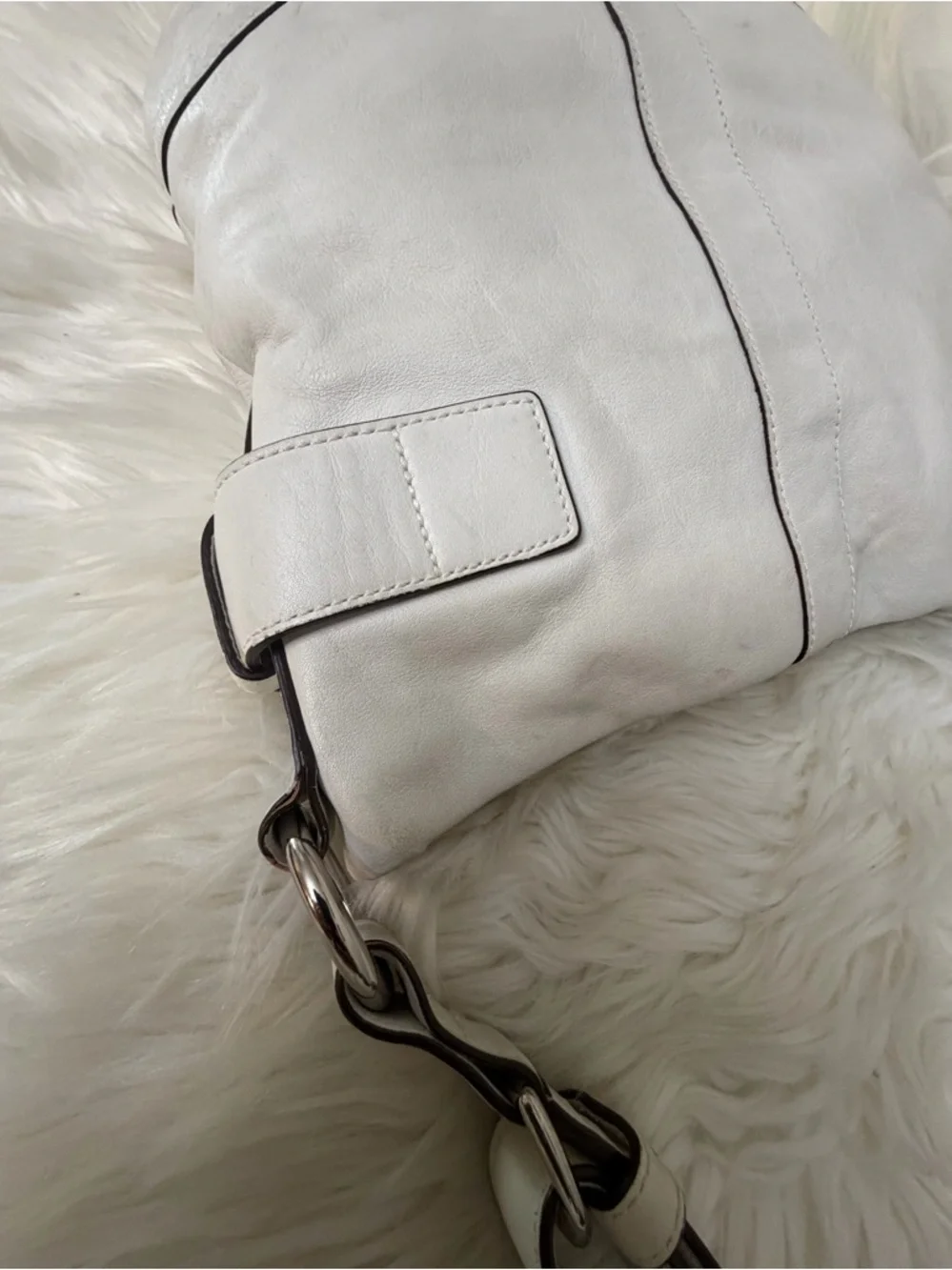 Vintage Coach White Leather Shoulder Bag with Silver Buckle Accents# 1452